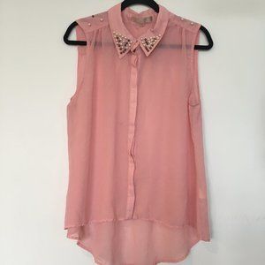 Penelope Sheer Pink Button Up Sleeveless Blouse